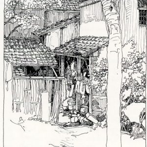 Ink drawing by B.Y. Morrison of the Village of Shinkakuji